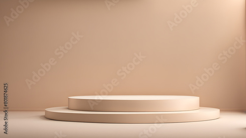 A white pedestal with two steps is set against a tan wall
