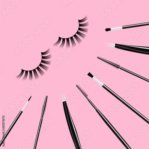 Makeup brushes set with false eyelashes. Cosmetics tools vector illustration. Lashes extensions accessories collection for beauty cards, visage salons designs. isolated on a cute pastel background.