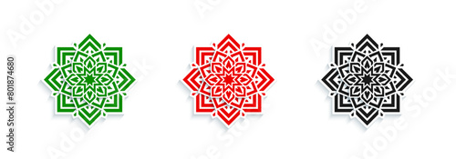 paper cut flowers in a traditional arab states flags colors. eastern ornaments set vector illustration. National holidays greeting card design element. Decorative motif. Relief 3d decoration element.