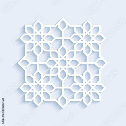 Islamic vector template decoration. Elegant arabesque in eastern style. Islam decorative relief symbol. Geometric floral 3d motif for vintage interior designs, arabic holidays cards. White color.