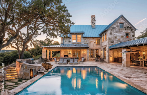 A large pool and house in San Antonio, Texas with a light blue roof. The home is an old stone ranch-style two-story building that has multiple windows and doors on the first floor. © Kien