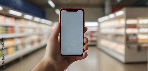 Man hand holding smartphone in Supermarket. Blurred background. Blank white screen for your text.