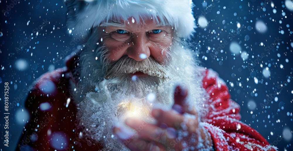 A santa claus holds up his hand with the light shining on it, snow falling in dark blue background