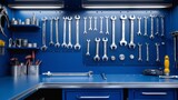 Detailed view of assorted hand tools hanging on a deep blue wall in a garage, emphasizing cleanliness and order, perfect for workshop themes