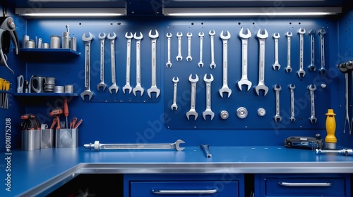 Detailed view of assorted hand tools hanging on a deep blue wall in a garage, emphasizing cleanliness and order, perfect for workshop themes photo