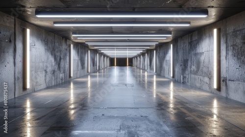 Minimalist underground corridor in a big hall, featuring a glossy concrete finish and white stripe lights, offering a modern and empty canvas for creative studio projects