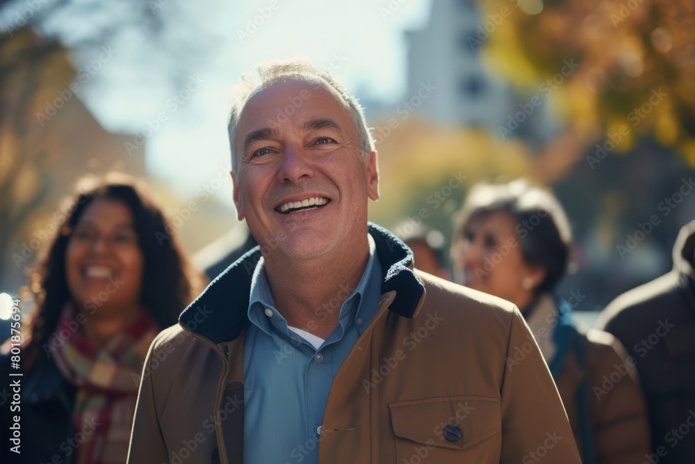 Portrait of a senior man smiling outside with his friends in the background Portrait of a senior man smiling outside with his friends in the background