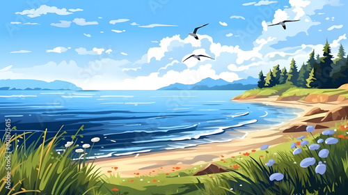 Coastal Calmness, Serenity and Tranquility by the Seaside, Realistic Beach Landscape. Vector Background