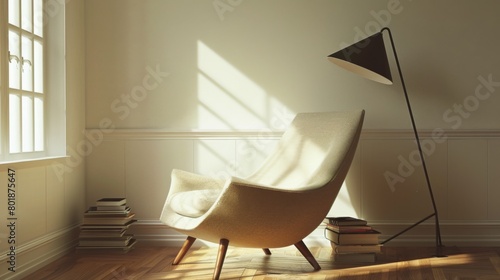 A minimalist reading corner in mini-modern style, featuring a cozy armchair, a floor lamp, and a stack of books for relaxation.