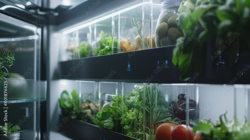 A glimpse inside an eco-friendly refrigerator, neatly filled with fresh greens, herbs, and vegetables, all illuminated by LED lights. Eco-Friendly Refrigerator Filled with Organized Fresh Greens
A glimpse inside an eco-friendly refrigerator, neatly filled with fresh greens, herbs, and vegetables, all illuminated by LED lights. Eco-Friendly Refrigerator Filled with Organized Fresh Greens