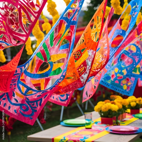 Vibrant papel picado fluttering in the breeze,A joyous scene of vibrant papel picado fluttering gracefully in the gentle breeze. The intricate cut-out designs, feature colorful patterns and symbols.