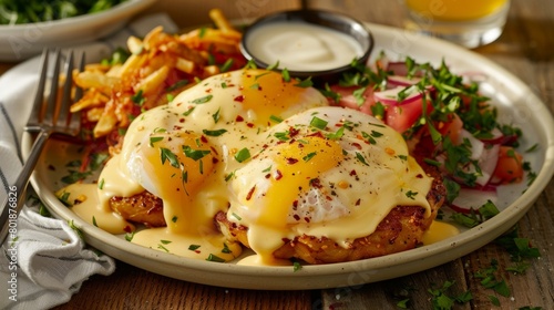 A plate of savory eggs Benedict topped with creamy hollandaise sauce and served with a side of crispy hash browns. photo
