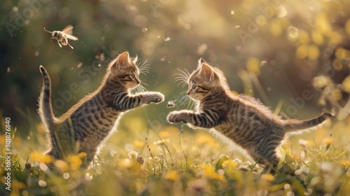 A pair of kittens engaging in a friendly game of tag with a buzzing fly  their tails flicking in unison