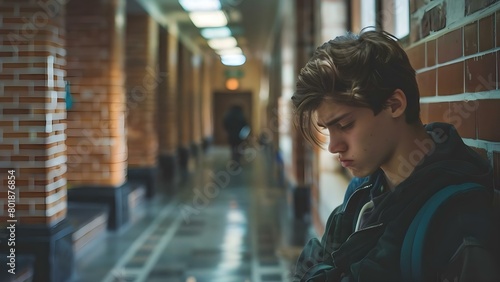 Sad student facing bullying in a dim school hallway feeling distressed. Concept Bullying, School, Sadness, Student, Distress photo