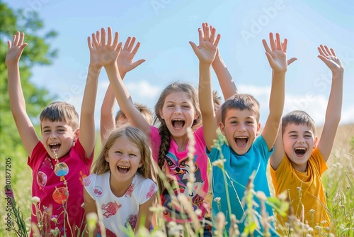Group of happy children with raised hands in wheat field on sunny day