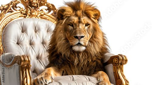 Royal lion sitting on a throne closeup isolated on white  generative ai