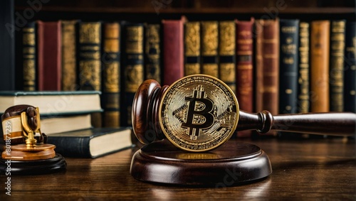 Crypto regulation. Gavel and cryptocurrency BTC Bitcoin. BTC crypto coin and gavel on a desk.