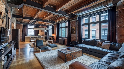 Contemporary urban loft living area designed for young individuals, showcasing industrial elements like exposed brick and structural beams, exuding city sophistication
