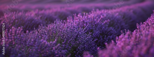 A vast lavender field under the twilight sky with rows of purple flowers