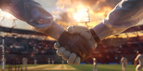 Sports spirit in game as players hand shaking in cricket match