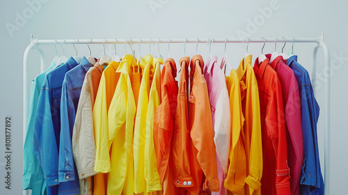 Rack with bright clothes on pink background. Rainbow colors,Different shirts on colorful hangers on white background,Many t-shirts hanging in order of rainbow colors on light background

