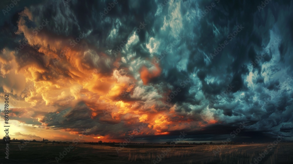 A panoramic view of a stormy sky, with ominous clouds rolling in and obscuring the fading sunlight. A panoramic view of a stormy sky, with ominous clouds rolling in and obscuring the fading sunlight.