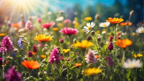 Bright flower meadow in summer with sunbeams and bokeh lights - nature background banner with copy space - wildflowers and springtime concept - summer greeting card © Amjad art