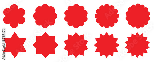 Starburst red sticker set - collection of special offer sale round and oval sunburst labels and buttons isolated on white background. 