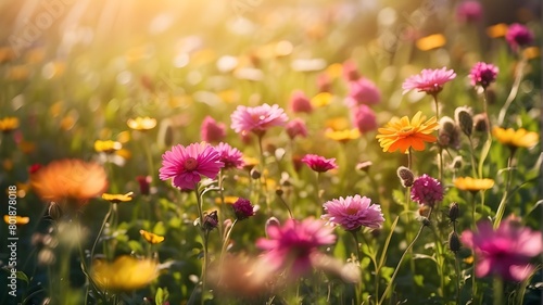Bright flower meadow in summer with sunbeams and bokeh lights - nature background banner with copy space - wildflowers and springtime concept - summer greeting card