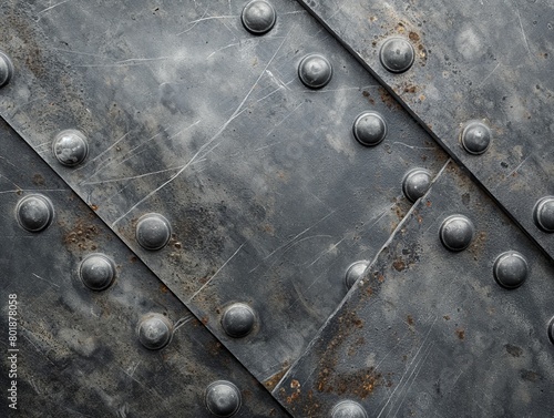 Close-up view of weathered metal sheets secured with rivets, conveying a sense of strength and durability. photo