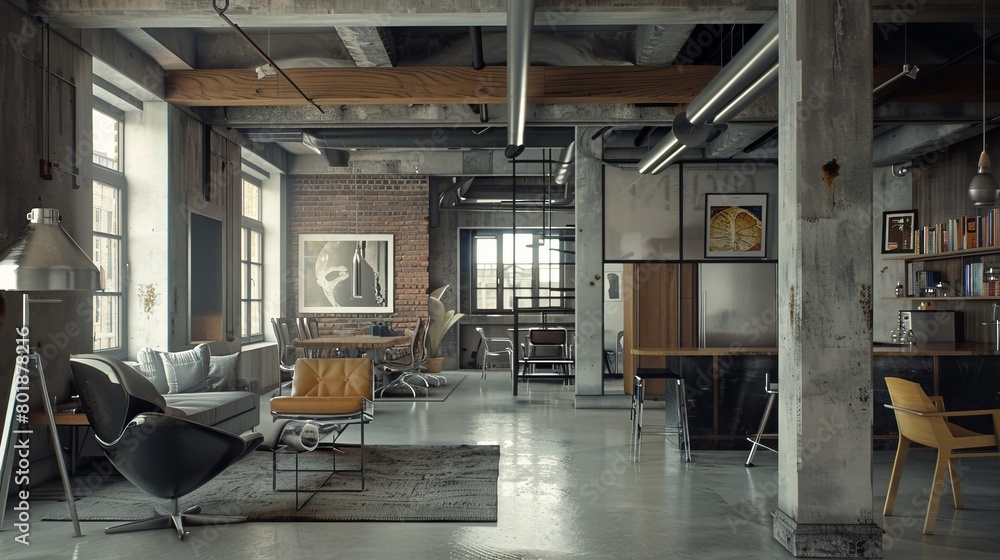 Contemporary industrial-style room with a mix of unfinished surfaces, exposed beams, and concrete elements, appealing to young, edgy tastes