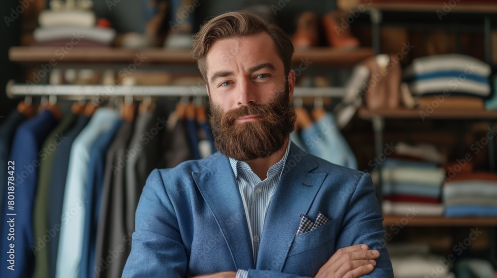 Fototapeta premium Confident bearded man in a stylish blue suit standing in a boutique with a variety of men's clothing in the background, expressing a concept of modern gentleman fashion and self-assured elegance