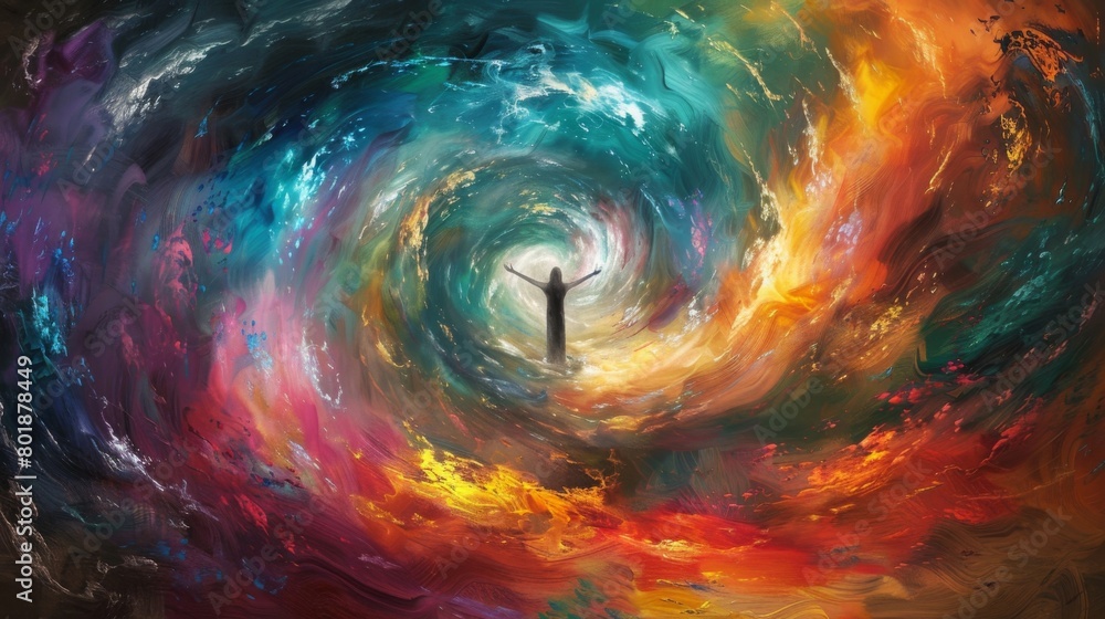 A swirling vortex of colors encompasses a lone figure standing in the center with arms outstretched. This person symbolizes the alchemists . .