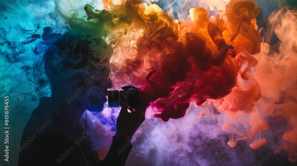 A photographer capturing the dynamic movement of colorful cigarette smoke as it disperses into the air.