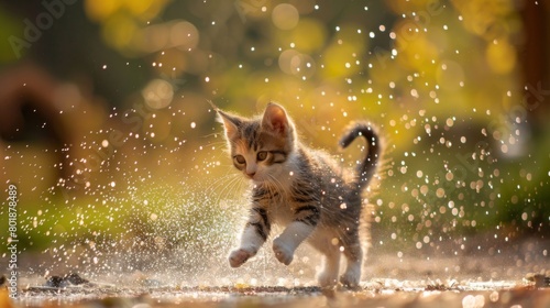 A playful kitten chasing after water droplets from a garden sprinkler, tail twitching with excitement.