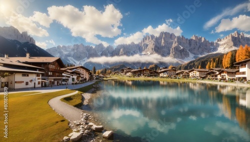 A small town in the Dolomites Italian Alps, a lake, a beautiful urban natural autumn landscape