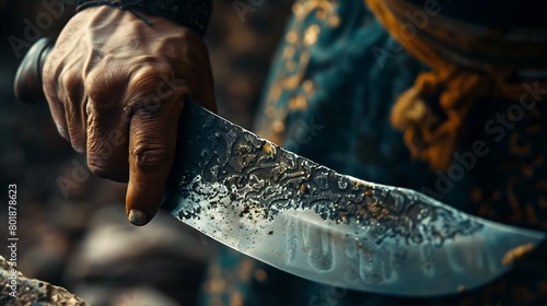 A close-up of a knife being sharpened, signifying the beginning of the ritual sacrifice in honor of Kurban Bayrami photo