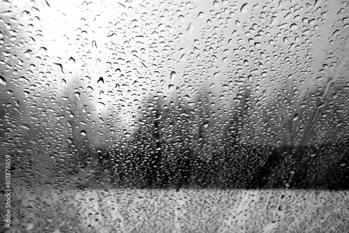 View on winter city and trees through wet windshield with rain drops. Black and white