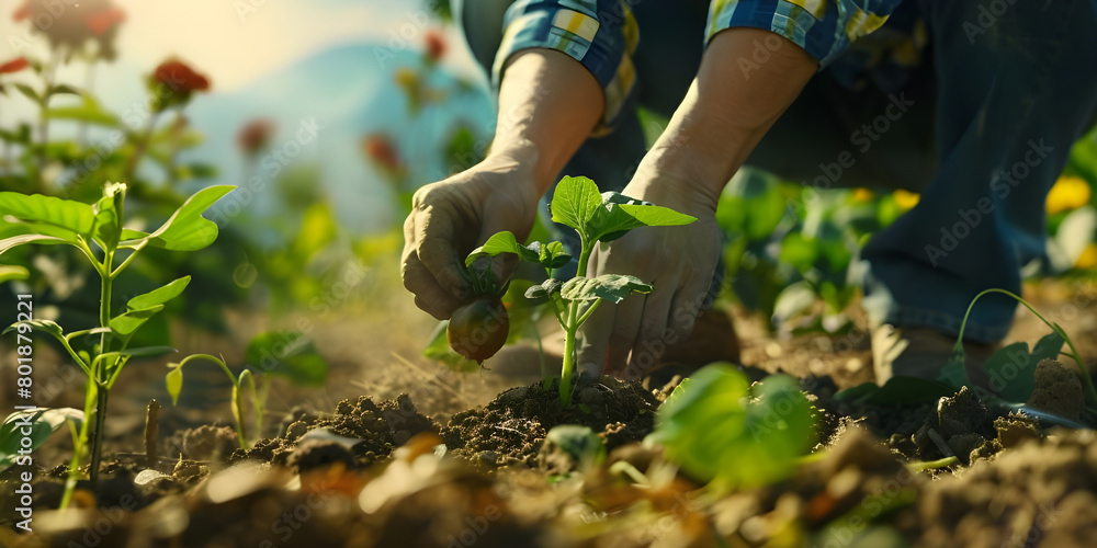 Fototapeta premium Young man plants a seed in soil for improving environment