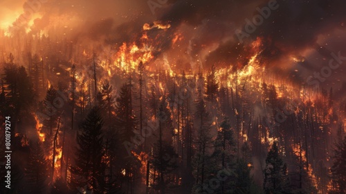 A raging wildfire spreading through a dense forest  with towering flames and billowing smoke engulfing the trees.