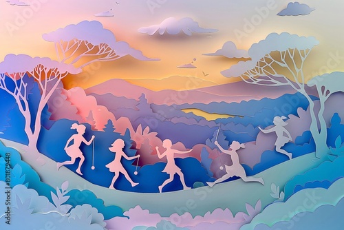 Delicate Paper Cut Silhouettes Children Engaged in Whimsical Play Activities in a Serene Natural Setting