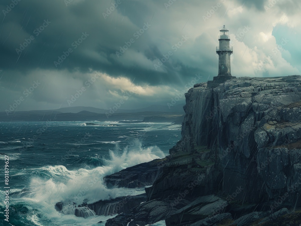 Convey the isolation and resilience of the lighthouse amidst the raging storm.