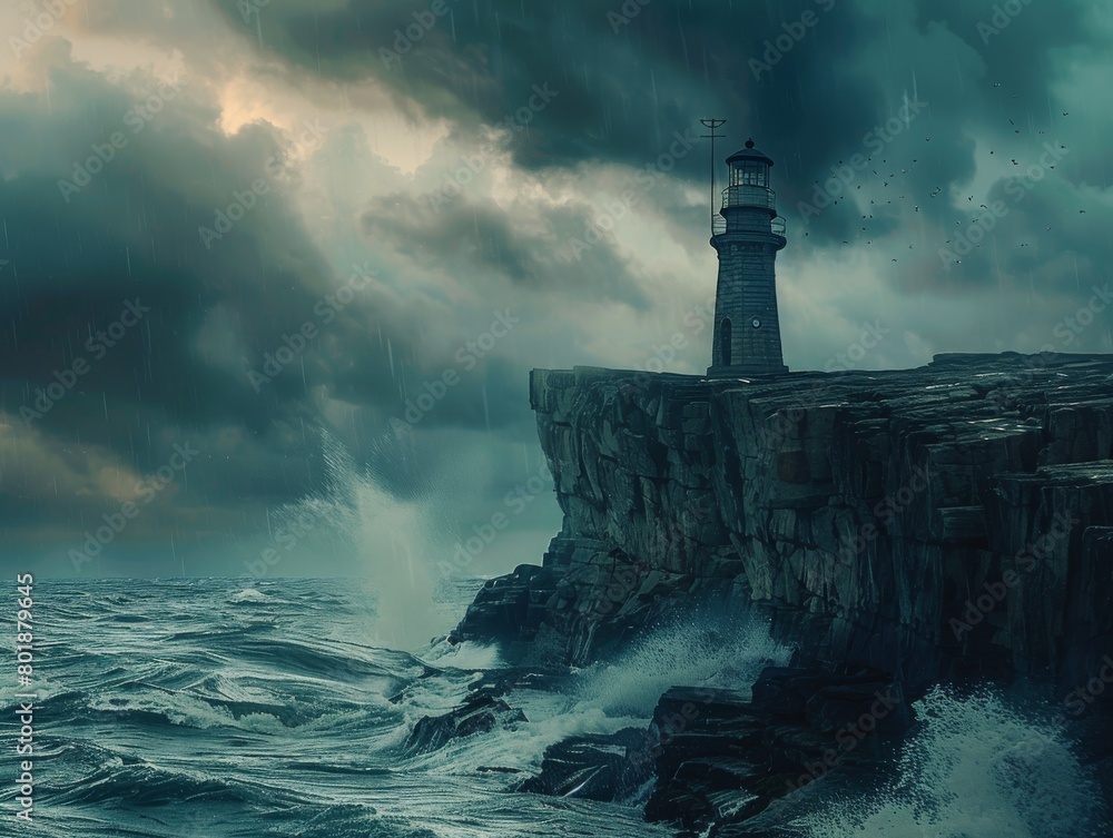 Convey the isolation and resilience of the lighthouse amidst the raging storm.