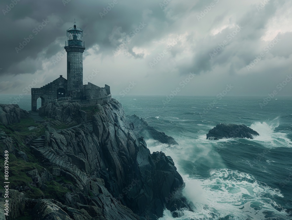 Convey the isolation and resilience of the lighthouse amidst the raging storm.