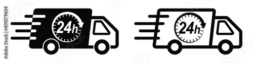 24h shipping icon with delivery truck symbol. Fast one day delivery service, transparent vector icon for apps and websites.