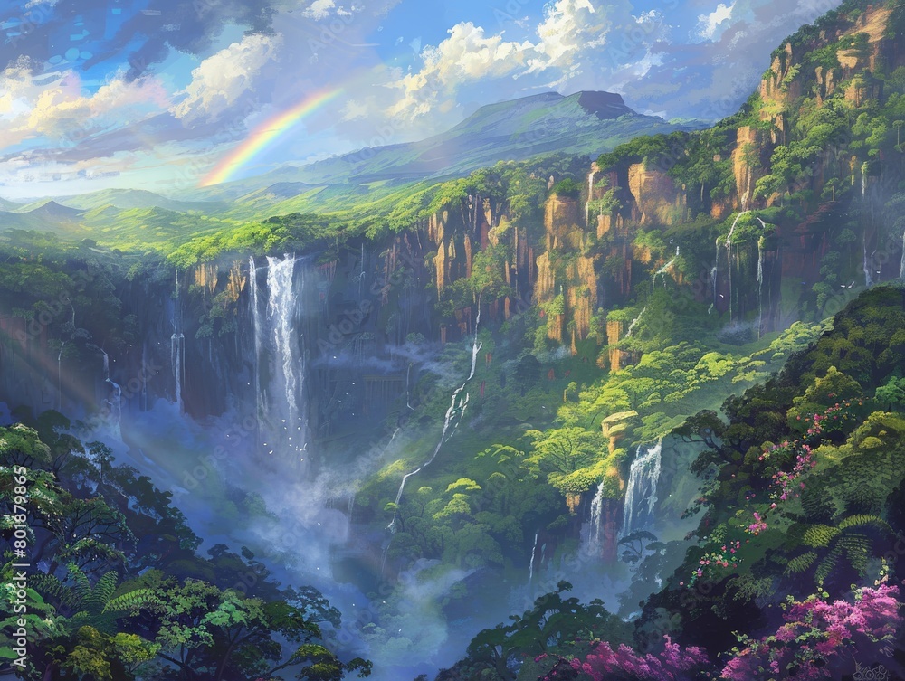 Capture the scale and power of the waterfall, with the vibrant rainbow adding a touch of magic.