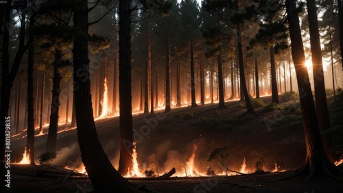 A forest fire engulfing an area of majestic trees and destroying everything in its path. An image of the power of fire and destruction in a natural forest. Creative  AI Generated