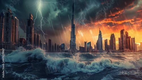 Apocalyptic cityscape with lightning and tsunami Dubai Rain Floods