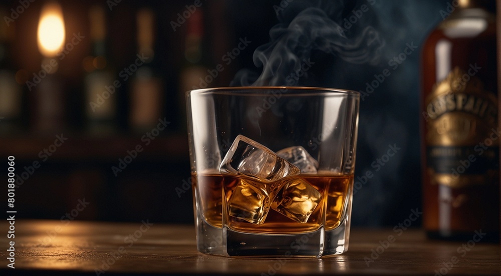 Glass of whiskey with ice, on a wooden table