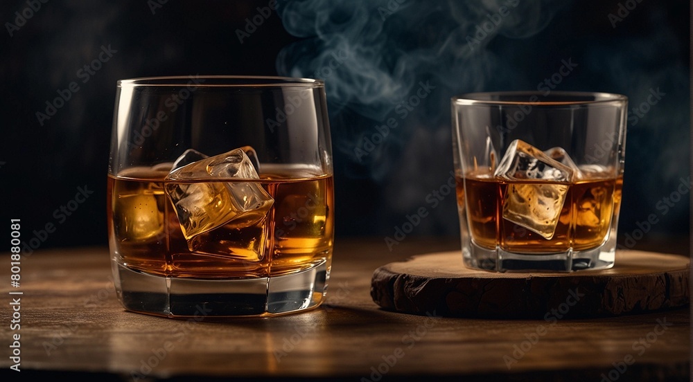 Glass of whiskey with ice, on a wooden table